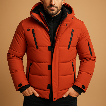 Heren Gewatteerde Winterjas met Capuchon en Ritssluiting Rood