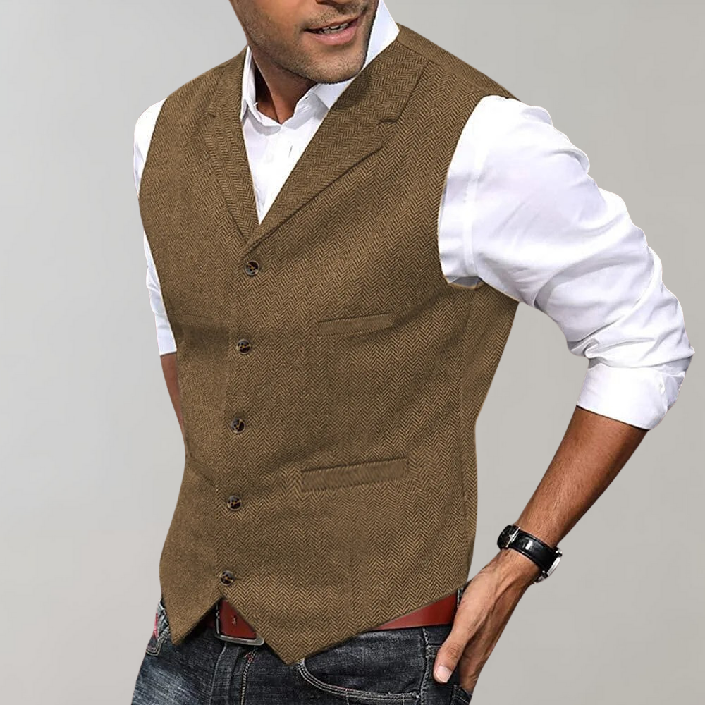Heren Gilet met Reverskraag en Visgraatpatroon Slim Fit Bruin