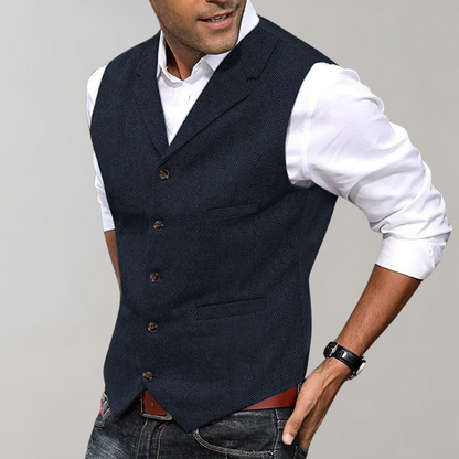 Heren Gilet met Reverskraag en Visgraatpatroon Slim Fit Blauw