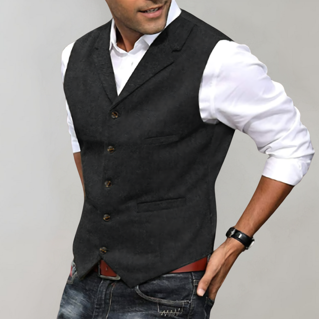 Heren Gilet met Reverskraag en Visgraatpatroon Slim Fit Zwart