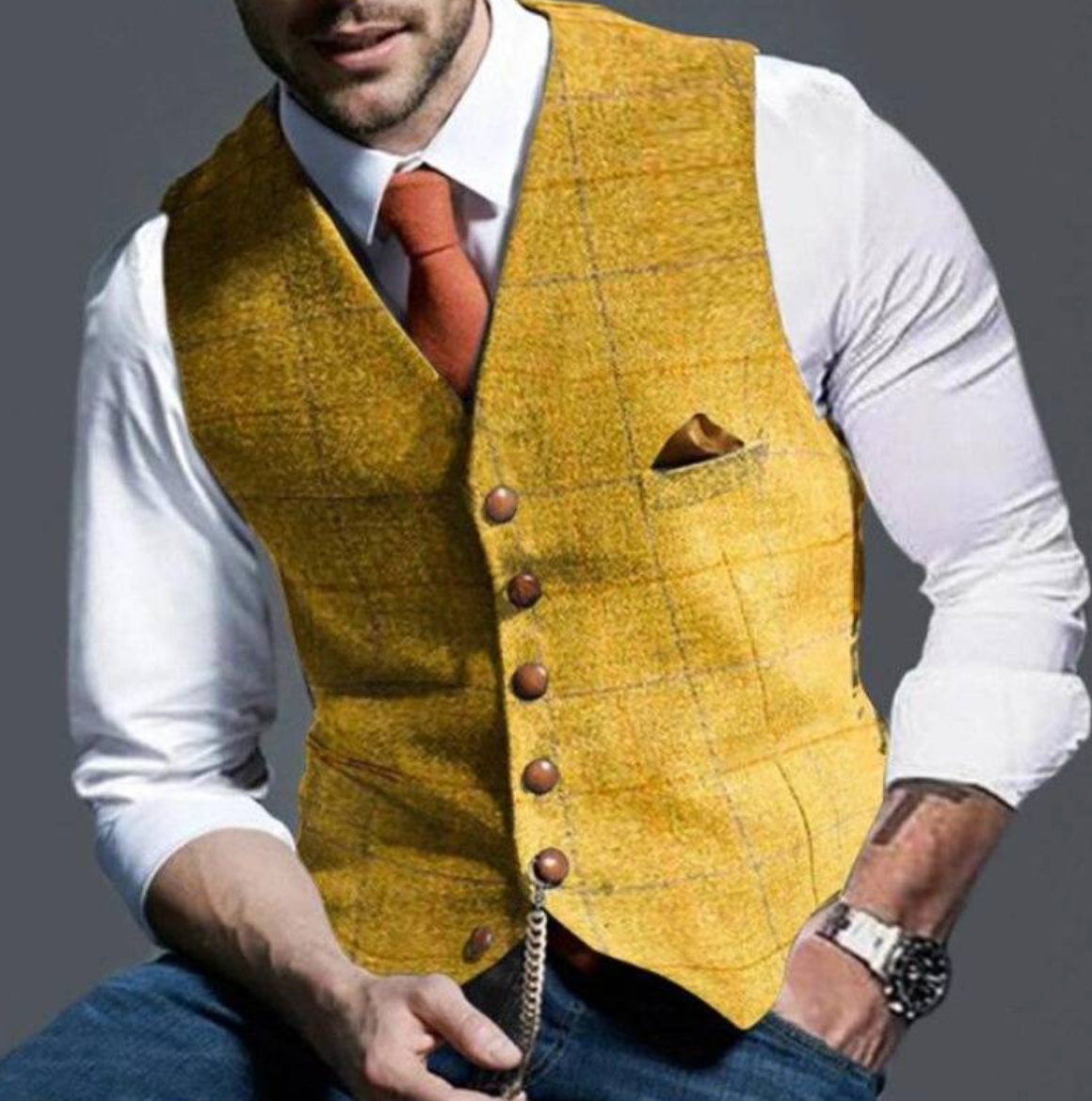 Heren Gilet met Ruitpatroon en Knoopsluiting Geel