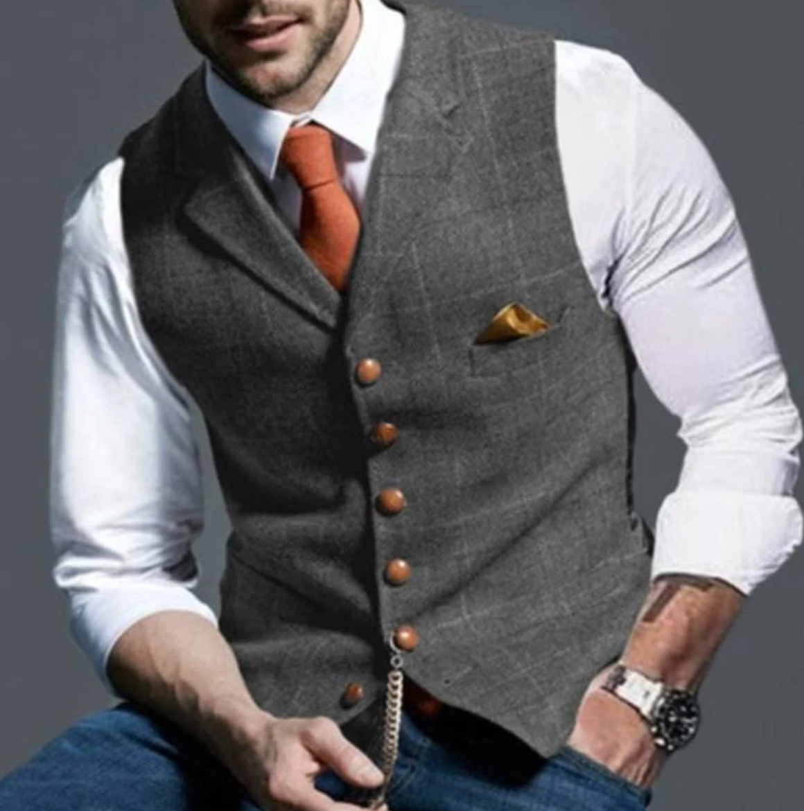 Heren Gilet met Ruitpatroon en Knoopsluiting Grijs