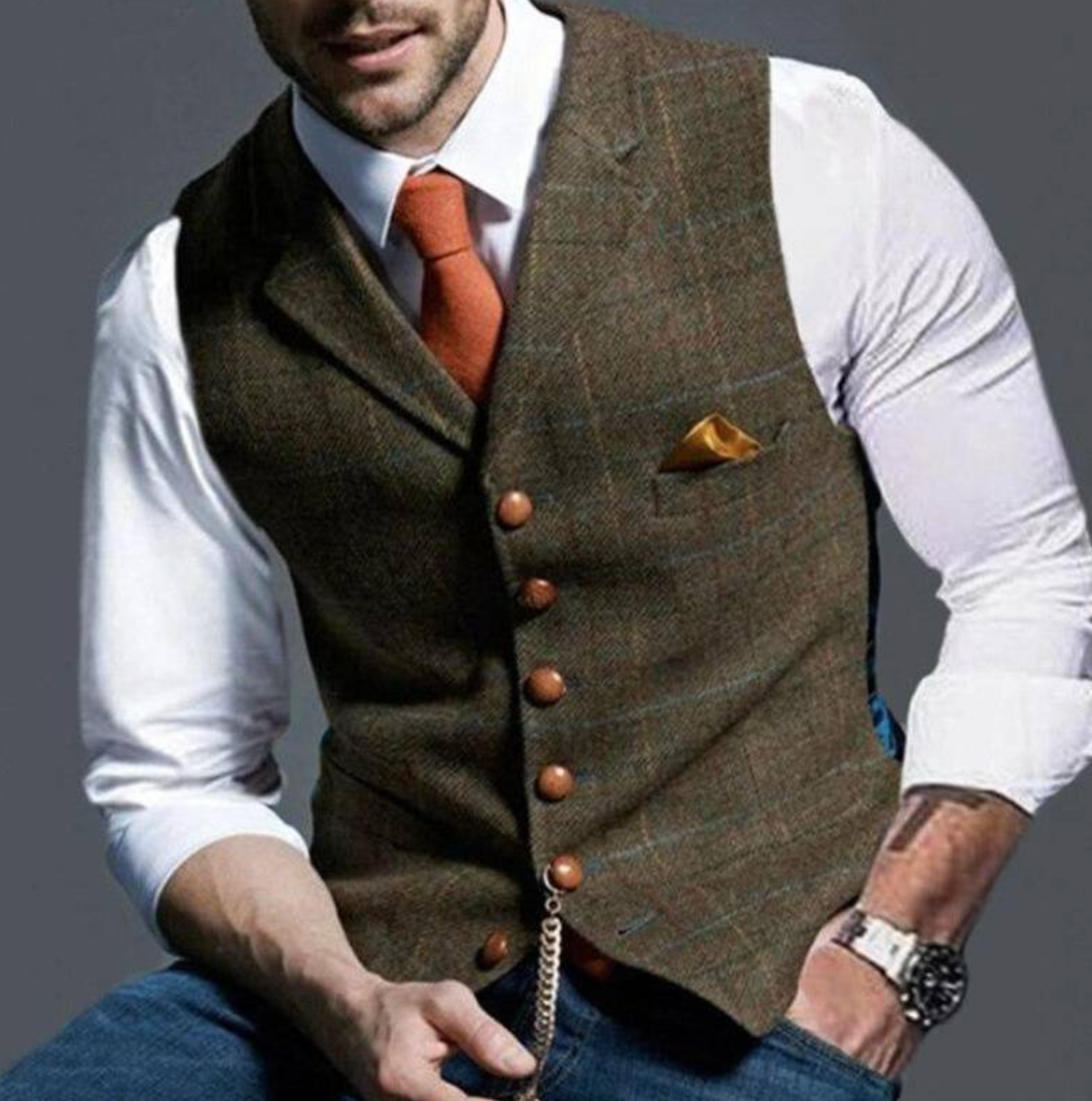 Heren Gilet met Ruitpatroon en Knoopsluiting Bruin