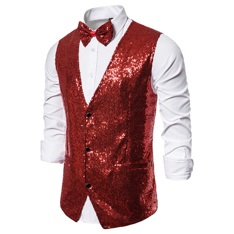 Heren Glinsterend Feestgilet met Pailletten, V-hals en Vlinderstrik
