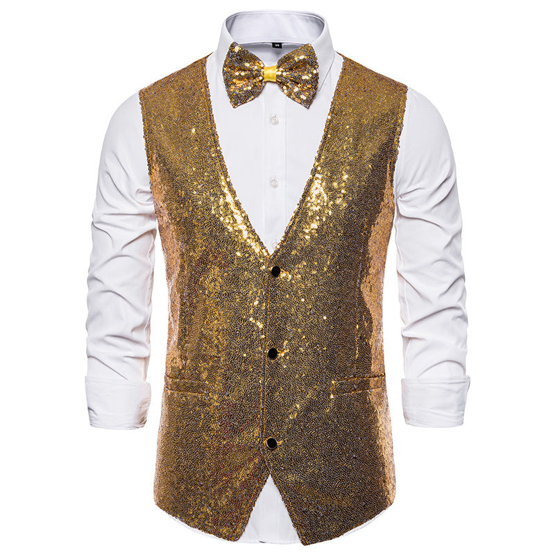 Heren Glinsterend Feestgilet met Pailletten, V-hals en Vlinderstrik