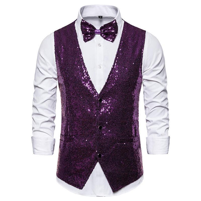 Heren Glinsterend Feestgilet met Pailletten, V-hals en Vlinderstrik