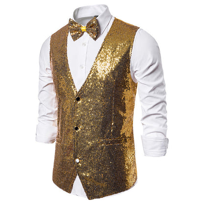 Heren Glinsterend Feestgilet met Pailletten, V-hals en Vlinderstrik