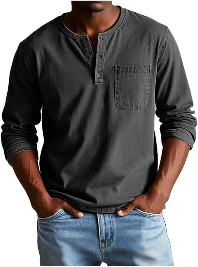 Heren Henley Shirt Lange Mouw met Borstzak en Knoopsluiting Zwart