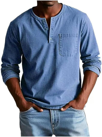 Heren Henley Shirt Lange Mouw met Borstzak en Knoopsluiting Blauw