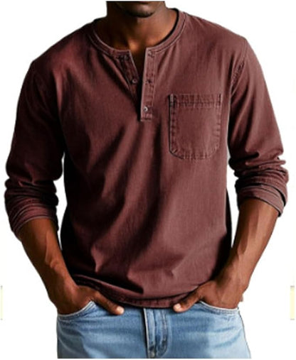 Heren Henley Shirt Lange Mouw met Borstzak en Knoopsluiting Rood