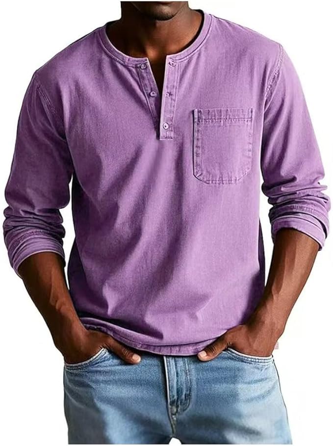 Heren Henley Shirt Lange Mouw met Borstzak en Knoopsluiting Paars