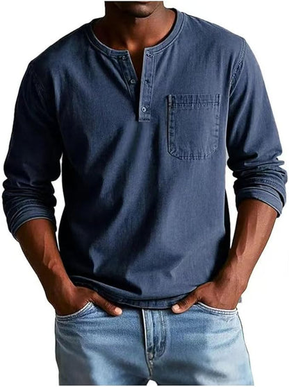 Heren Henley Shirt Lange Mouw met Borstzak en Knoopsluiting Donkerblauw
