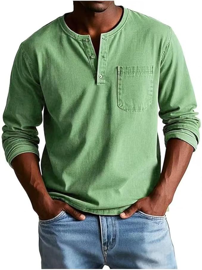Heren Henley Shirt Lange Mouw met Borstzak en Knoopsluiting Groen