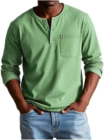 Heren Henley Shirt Lange Mouw met Borstzak en Knoopsluiting Groen