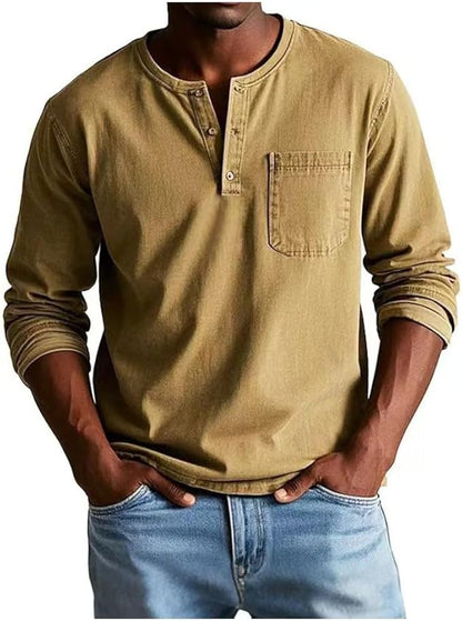 Heren Henley Shirt Lange Mouw met Borstzak en Knoopsluiting Khaki