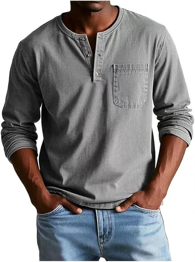 Heren Henley Shirt Lange Mouw met Borstzak en Knoopsluiting Grijs