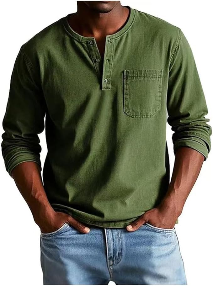 Heren Henley Shirt Lange Mouw met Borstzak en Knoopsluiting Legergroen