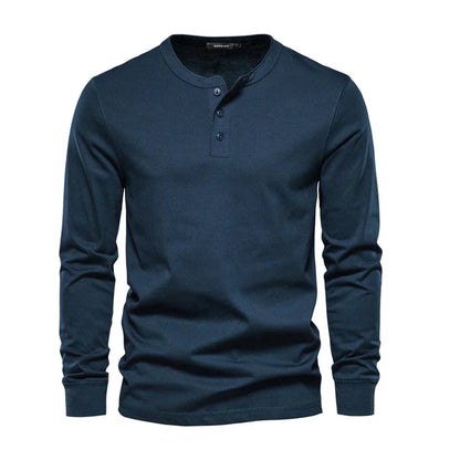 Heren Henley Shirt Lange Mouw met Knooplijst en Ronde Hals Marineblauw