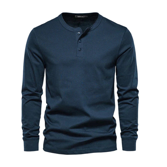 Heren Henley Shirt Lange Mouw met Knooplijst en Ronde Hals Marineblauw