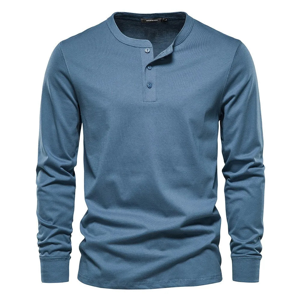 Heren Henley Shirt Lange Mouw met Knooplijst en Ronde Hals Lichtblauw