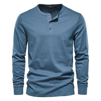 Heren Henley Shirt Lange Mouw met Knooplijst en Ronde Hals Lichtblauw