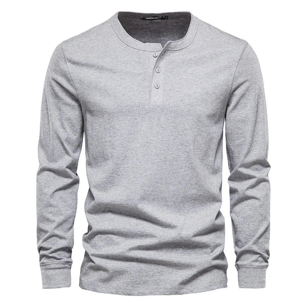 Heren Henley Shirt Lange Mouw met Knooplijst en Ronde Hals Lichtgrijs