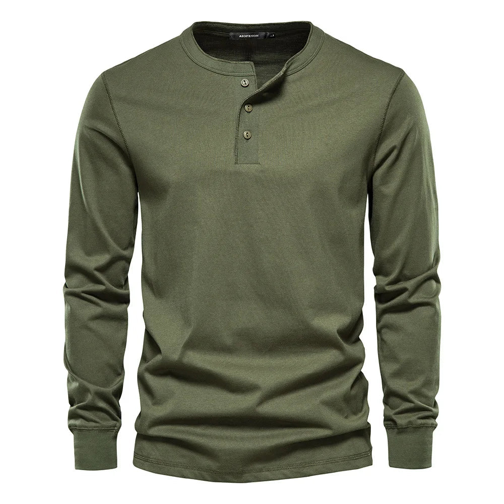 Heren Henley Shirt Lange Mouw met Knooplijst en Ronde Hals Groen