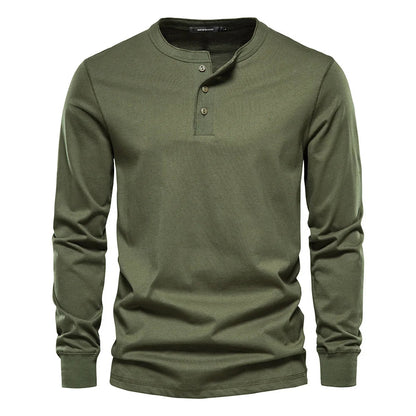 Heren Henley Shirt Lange Mouw met Knooplijst en Ronde Hals Groen