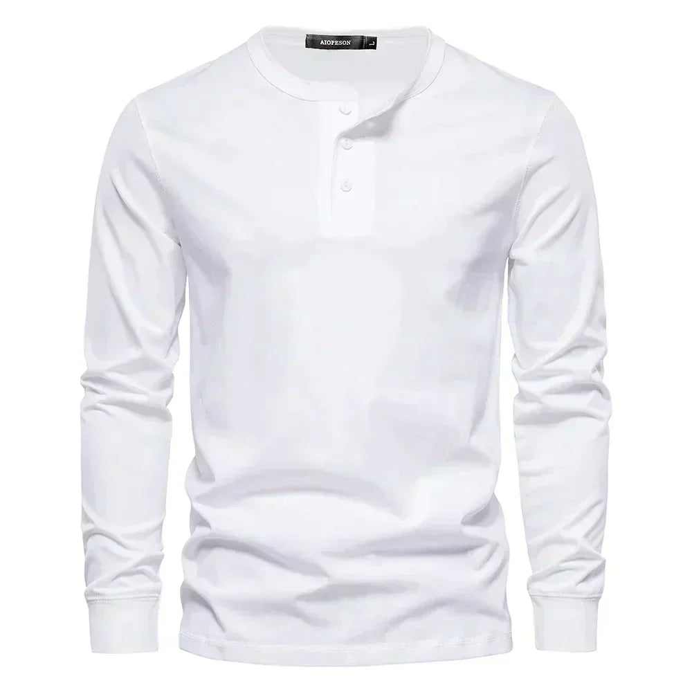 Heren Henley Shirt Lange Mouw met Knooplijst en Ronde Hals Wit