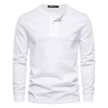 Heren Henley Shirt Lange Mouw met Knooplijst en Ronde Hals Wit