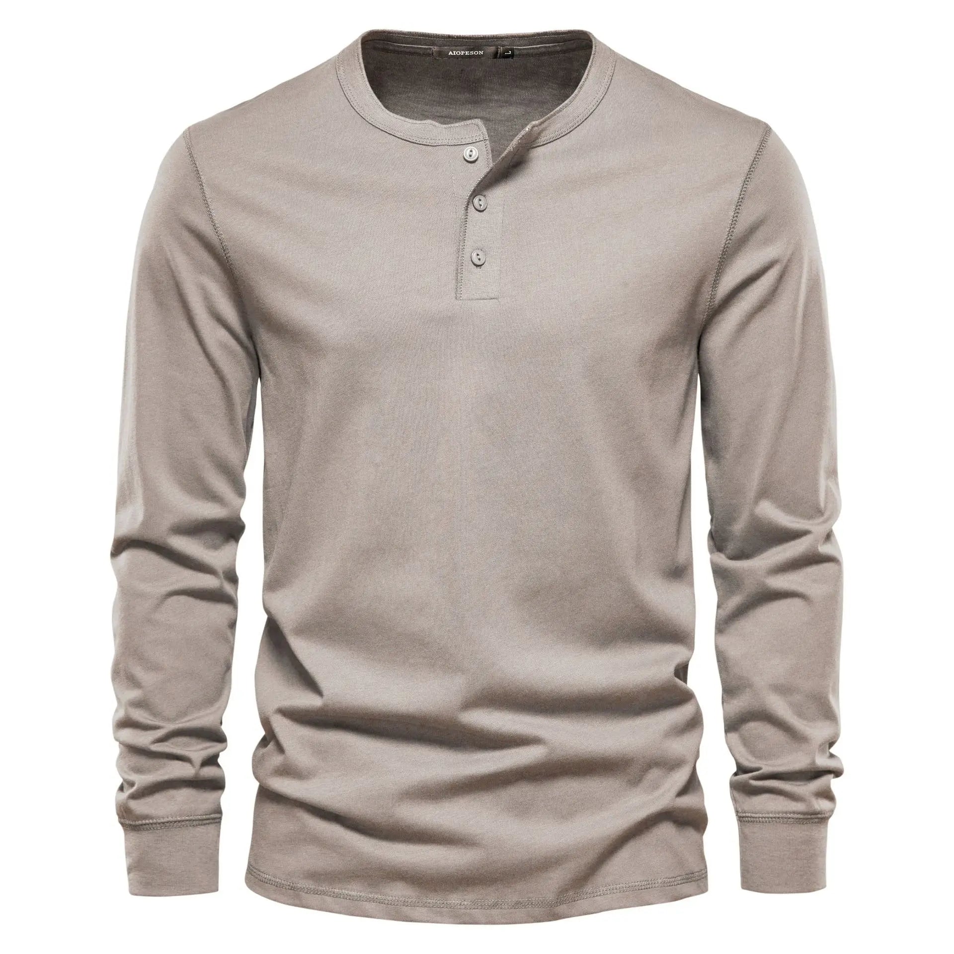Heren Henley Shirt Lange Mouw met Knooplijst en Ronde Hals Beige
