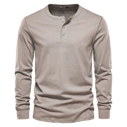 Heren Henley Shirt Lange Mouw met Knooplijst en Ronde Hals Beige