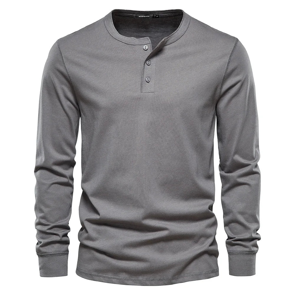 Heren Henley Shirt Lange Mouw met Knooplijst en Ronde Hals Donkergrijs