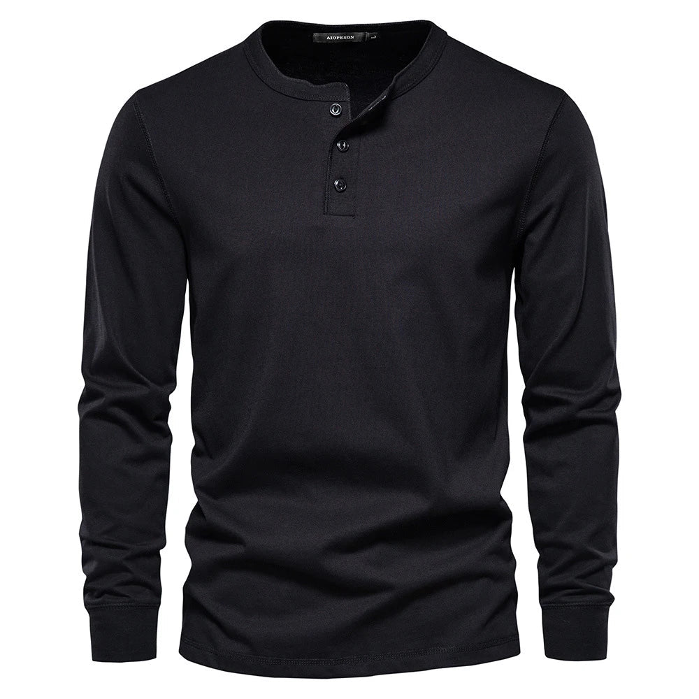 Heren Henley Shirt Lange Mouw met Knooplijst en Ronde Hals Zwart