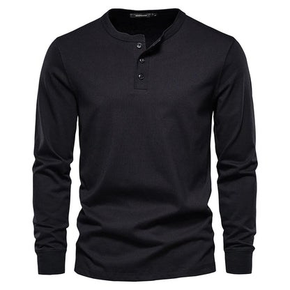 Heren Henley Shirt Lange Mouw met Knooplijst en Ronde Hals Zwart