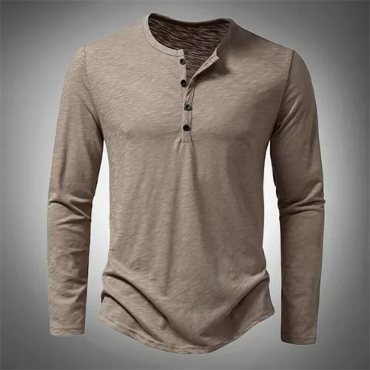 Heren Henley Shirt Lange Mouw met Knoopsluiting Beige