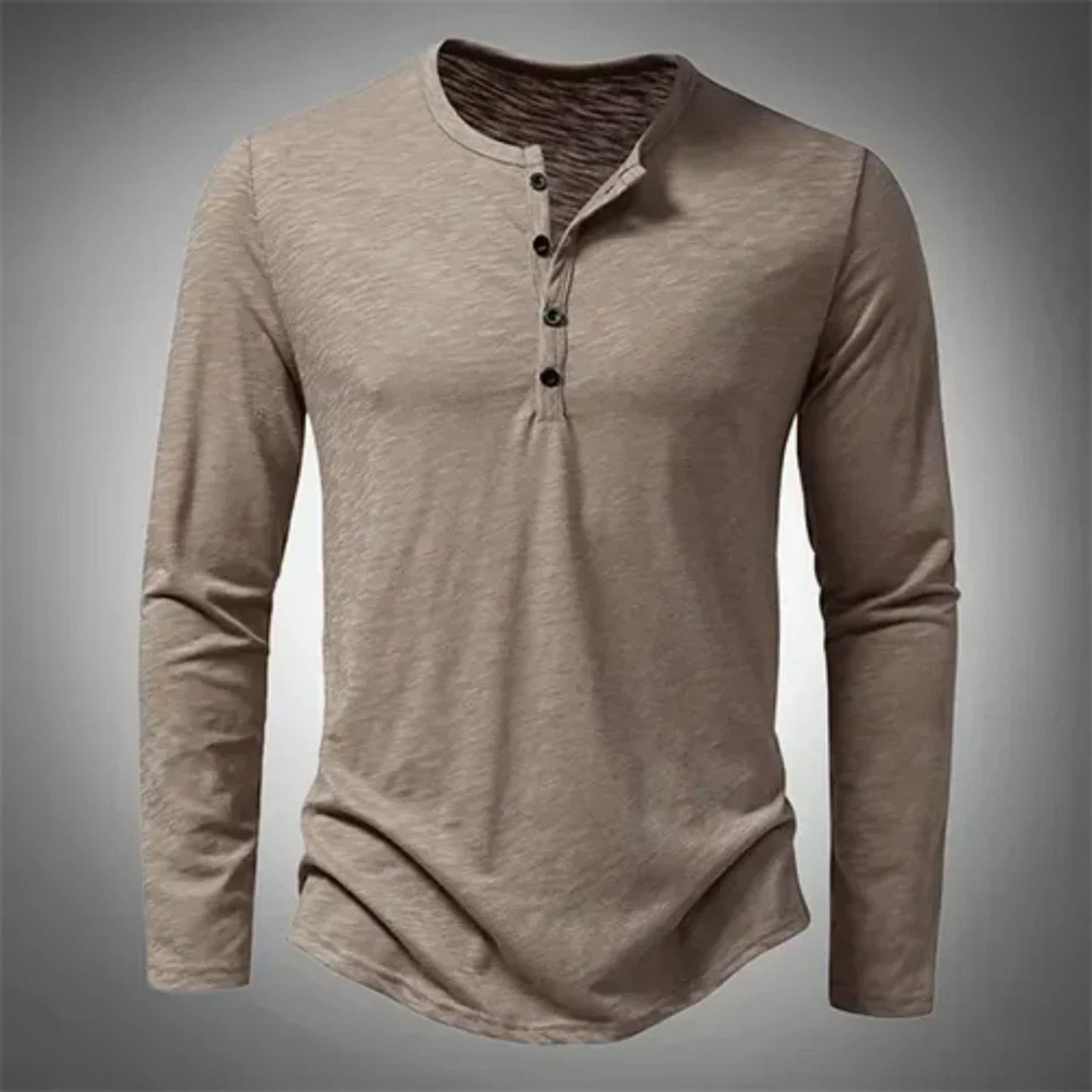 Heren Henley Shirt Lange Mouw met Knoopsluiting Beige