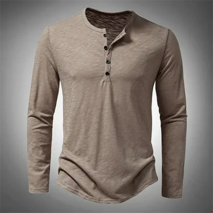 Heren Henley Shirt Lange Mouw met Knoopsluiting Beige