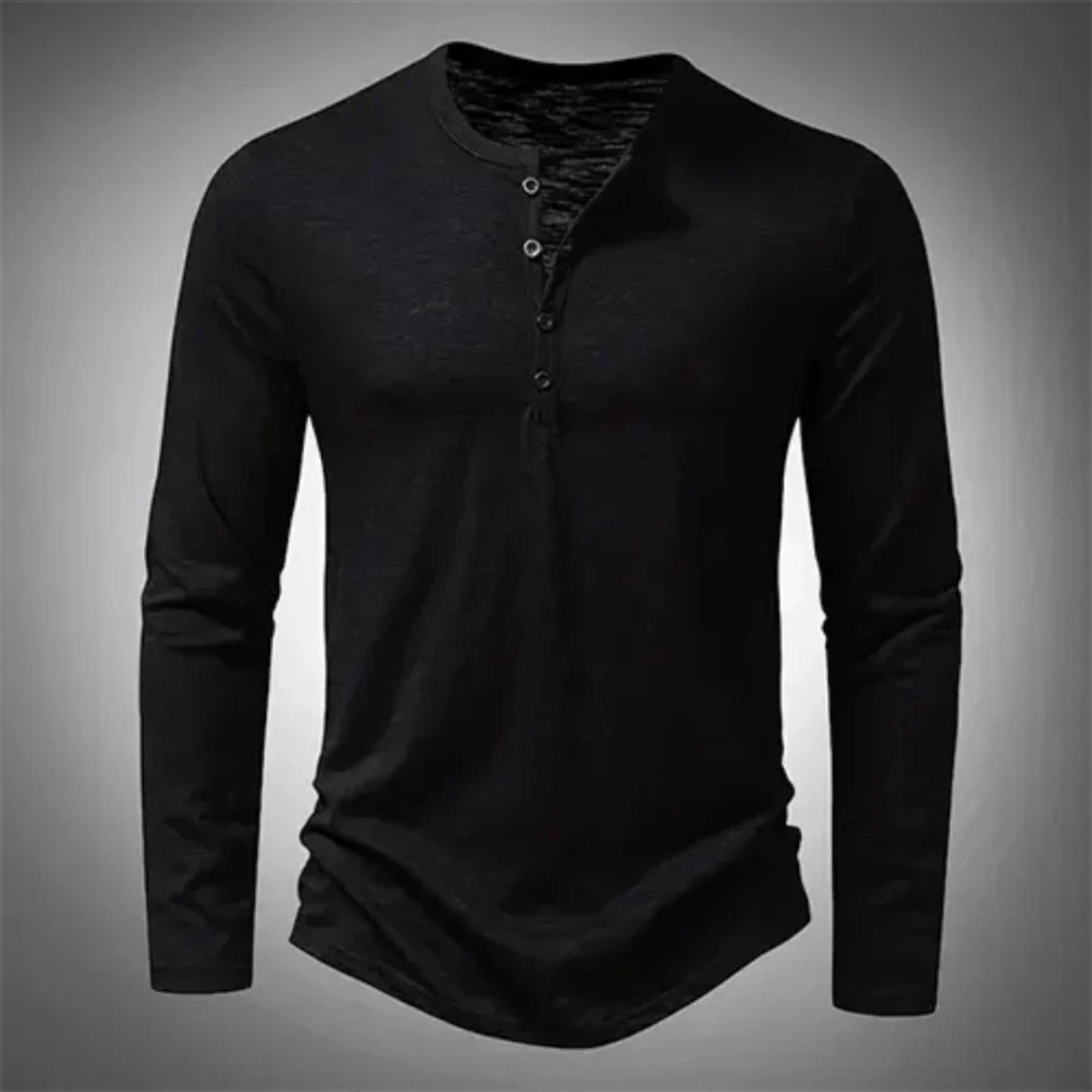 Heren Henley Shirt Lange Mouw met Knoopsluiting Zwart