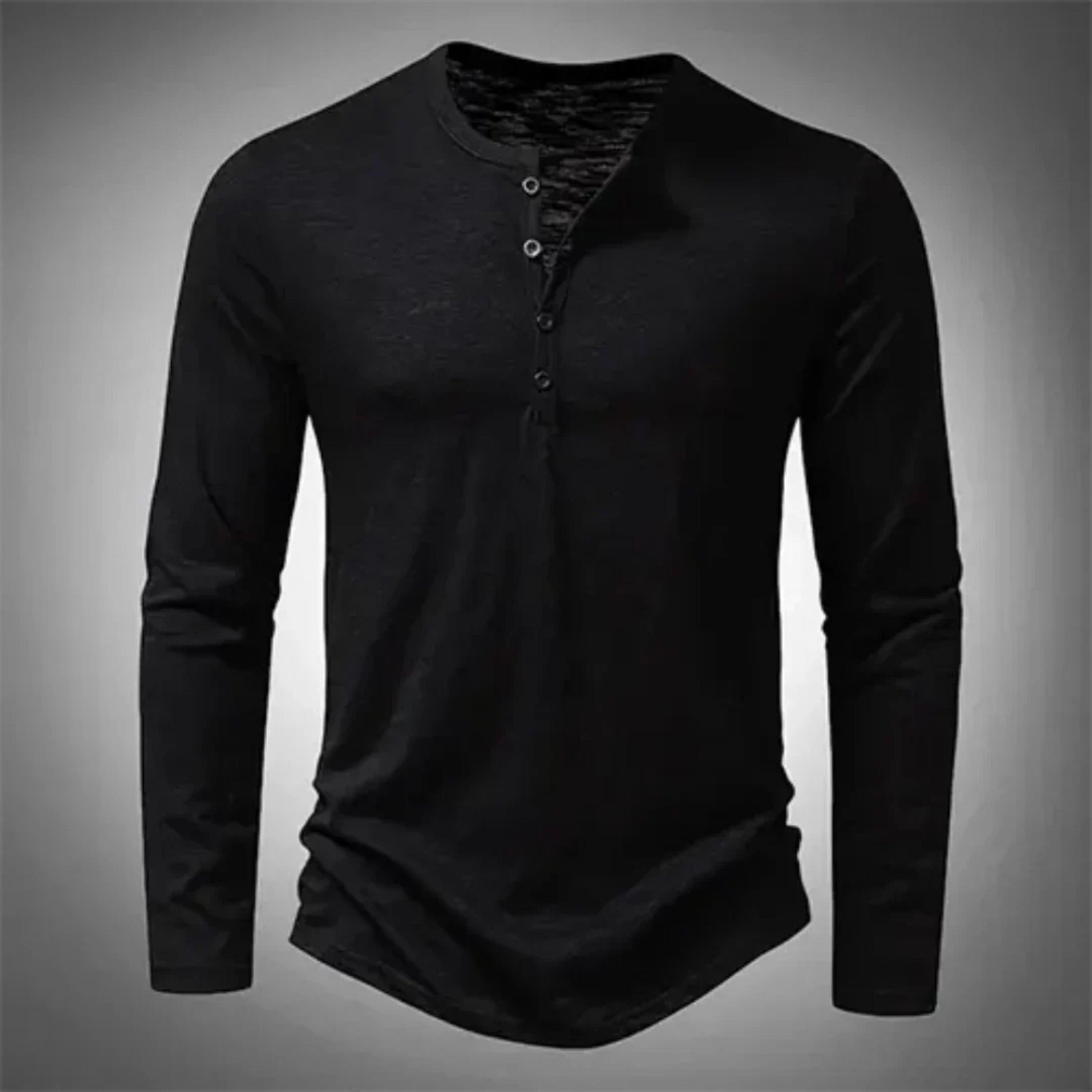 Heren Henley Shirt Lange Mouw met Knoopsluiting Zwart