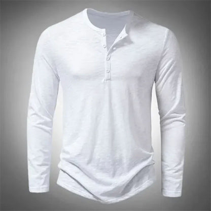 Heren Henley Shirt Lange Mouw met Knoopsluiting Wit