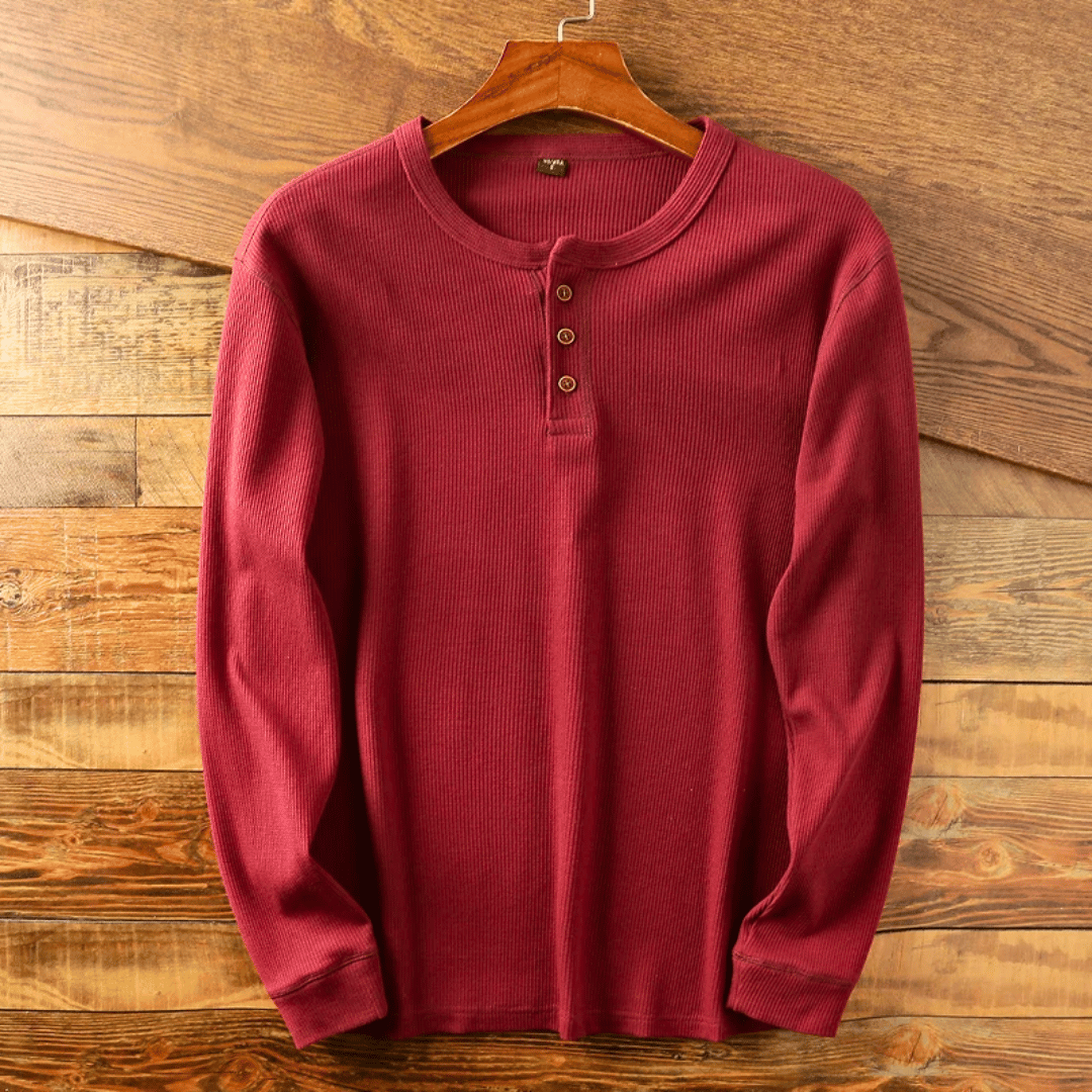 Heren Henley Shirt Lange Mouw met Knoopsluiting en Ronde Hals Rood