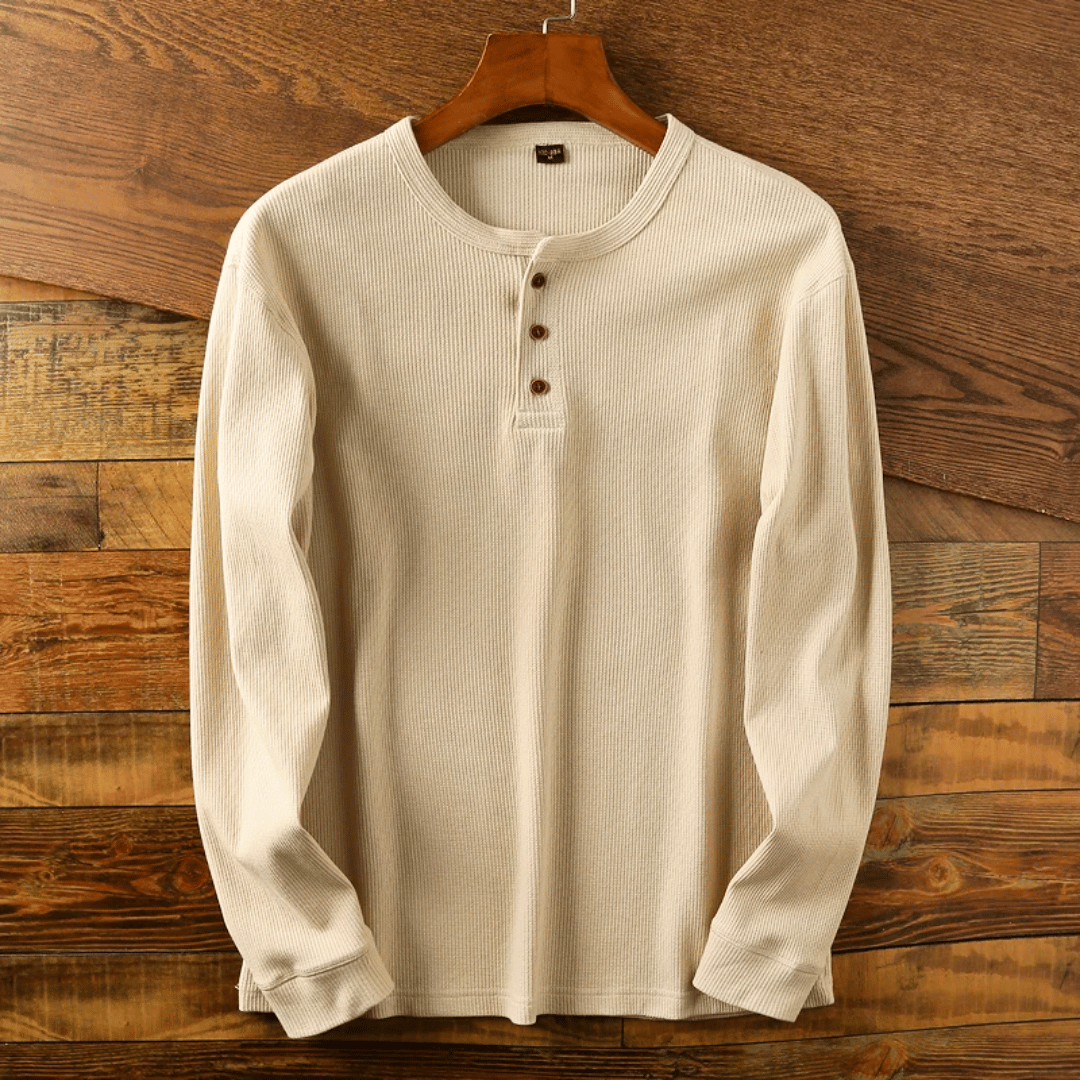Heren Henley Shirt Lange Mouw met Knoopsluiting en Ronde Hals Beige