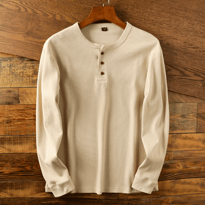 Heren Henley Shirt Lange Mouw met Knoopsluiting en Ronde Hals Beige