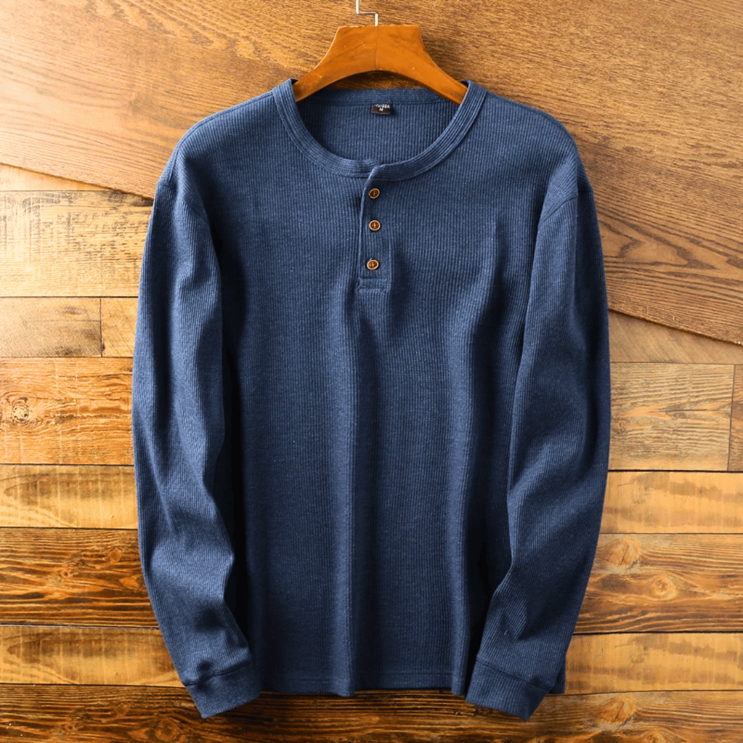 Heren Henley Shirt Lange Mouw met Knoopsluiting en Ronde Hals Blauw