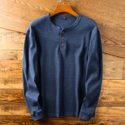Heren Henley Shirt Lange Mouw met Knoopsluiting en Ronde Hals Blauw