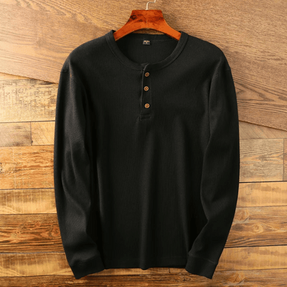 Heren Henley Shirt Lange Mouw met Knoopsluiting en Ronde Hals Zwart