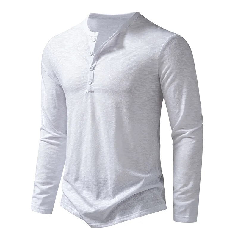 Heren Henley Shirt Lange Mouw met Knoopsluiting en Slim Fit Wit