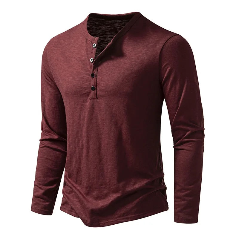 Heren Henley Shirt Lange Mouw met Knoopsluiting en Slim Fit Bordeauxrood
