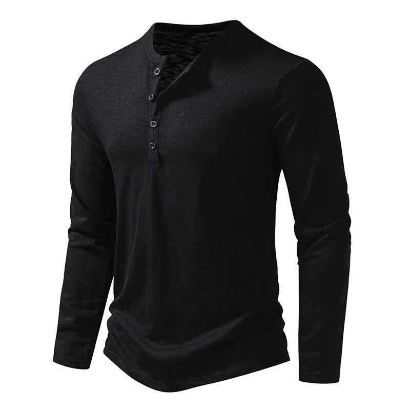 Heren Henley Shirt Lange Mouw met Knoopsluiting en Slim Fit Zwart